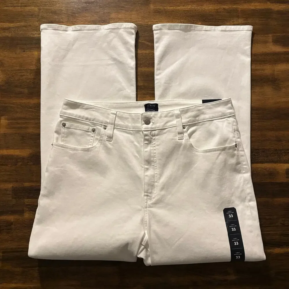 J Crew Women's 33 x 28 Jeans Curvy Ankle Flare High Rise Stretch White Denim